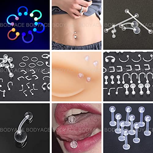 Bodyace Clear Piercing Retainers Septum Rings Cartilage Earrings, Flexible Bioflex Lip Studs Nose Hoops For Work Surgery, Belly Rings Eyebrow Tongue Nipple Industrial Barbell Plastic Jewelry [F] #TOP6