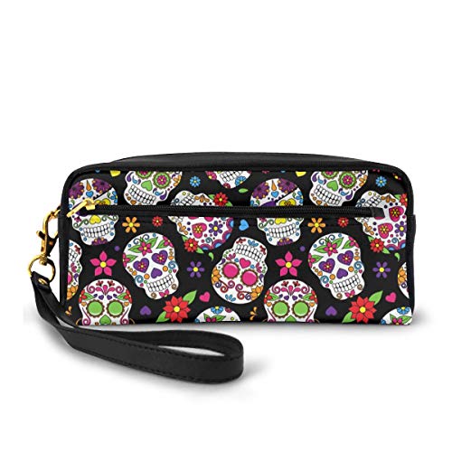 Dead Sugar Skull Pencil Case Big Capacity Multifunction Storage Pouch Leather Cosmetic Makeup Bag Stationery Organizer with Zipper for School Office