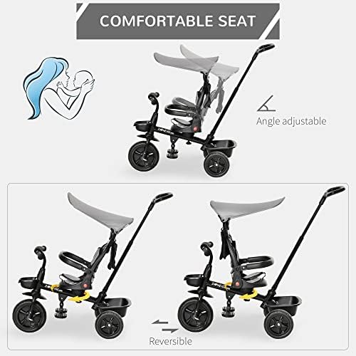 HOMCOM 4-in-1 Kids Tricycle Toddler Trike w/ Reversible Angle Adjustable Removable Seat Adjustable Handle Canopy Handrail Belt Storage Footrest Ages 1-5 Years - Grey