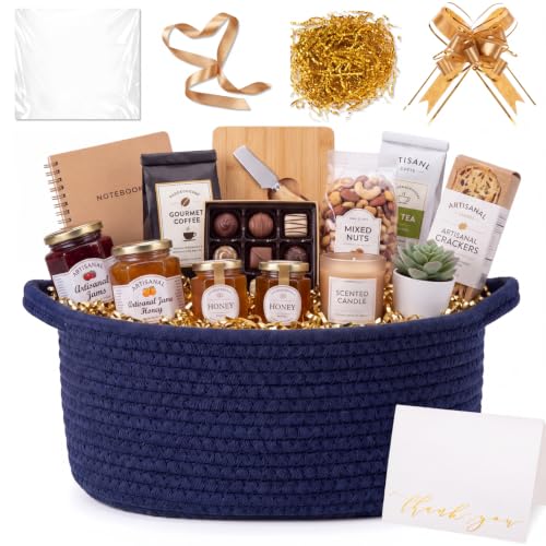 Image of Colingmill Woven Basket with Gift Bags and 2 Ribbons, Raffia Grass Paper Shred Filler, Gift Card, Empty Small Rope Basket for Storage Presents Toy Organizer(Blue,12 * 8 Inch)