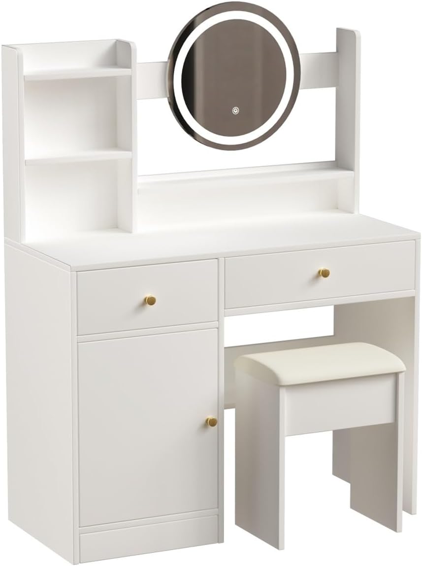 Fashion Vanity Desk with Mirror and Lights for Makeup and Cushioned Chair, Vanity Mirror with Lights and Table Set with 3 Color Lighting Brightness Adjustable,Dressing Table, White Color