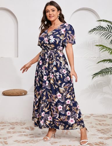 Image of ShopWonder Womens Plus Size V Neck Wrap Maxi Dress High Waist Ruffle Summer Casual Dress with Belt