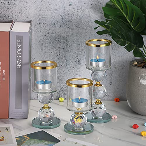 Ownmy Set Of 3 Crystal Glass Candlestick Holders Pillar Candle Holders With Glass Covers, Modern Clear Glass Tea Light Candle Sticks Votive Candle Stands For Table Centerpiece Wedding Decor (Gold) #TOP5
