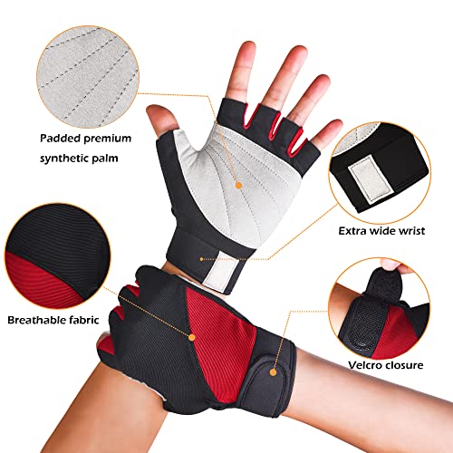 ChinFun Kayaking Gloves for Men Padded Palm Fingerless Gloves for Water Ski, Canoeing, Windsurfing, Kiteboarding, Sailing, Jet Skiing and Stand-UP Paddle Boarding Red & Black S - Thumbnail 2