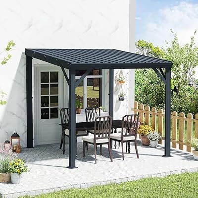 Domi 8' x 8' Lean to Gazebo, Wall Mounted Gazebos Pergola with Built in Drainage System, Galvanized Steel Roof, Hardtop Patio Shelter for Deck, Porch, Backyard and More