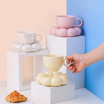 Ceramic Coffee Mug, 7oz Cappuccino Mug, Ceramic Coffee Cups with Saucers, Microwave and Dishwasher Safe, Espresso Cup and Saucer Set, for Espresso, Latte, Cafe Mocha and Tea, 220ml