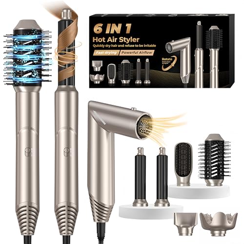 Hairstyler Cepillo de Aire 6 en 1 Airstyler & Secador Pelo con Difusor Moldeador Pelo con 6 Accesorios para el Peinado Cepillo Alisador Pelo Rizador Pelo Ondas Caja Regalos para Mujer, Oro-platino
