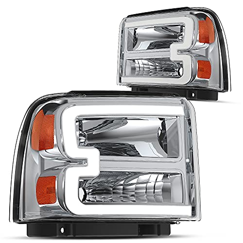 DWVO Headlights Assembly Compatible with 2005 2006 2007 Ford F-250 F-350 F-450 F-550 Super Duty OE Headlamp Chrome Housing Amber Reflector