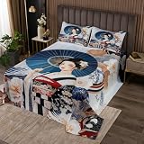 Homemissing Juego de colcha japonesa de geisha de tamaño doble para niños, niñas, adolescentes, estilo japonés de olas oceánicas, acolchada, decoración de habitación