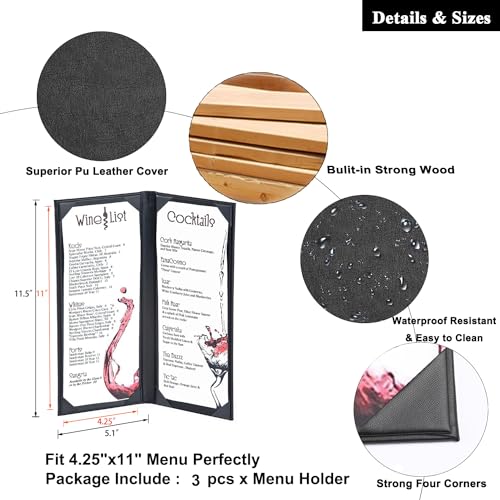 3 packs of 425 x 11 inches leather menu covers with strong wood inside 2 view leather menu holder book style double fold panel for restaurant coffee bars cocktail425x11 2 views3 pcs