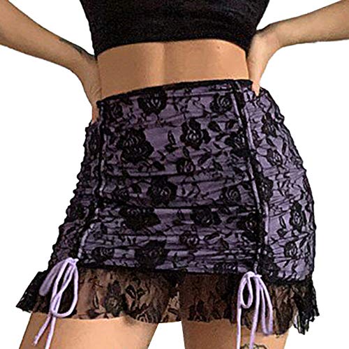 Girls Women Harajuku Gothic Skirts Y2k Lace Patchwork Mini Pleated Skirt Lace Up Short A-Line Skirt Purple