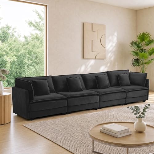 Image of Corduroy Sectional Couch, 4 Seater 149.2 inch Cloud Couch, Modular Deep Seat Sofa with Pillows for Living Room, Apartment, Black