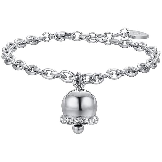 Luca Barra Bracciale da Donna Bracciale in Acciaio con campanella con Cristalli Bianchi. Lunghezza: 16 + 3 cm. Lunghezza Ciondolo: 15 mm. La referenza è BK2323