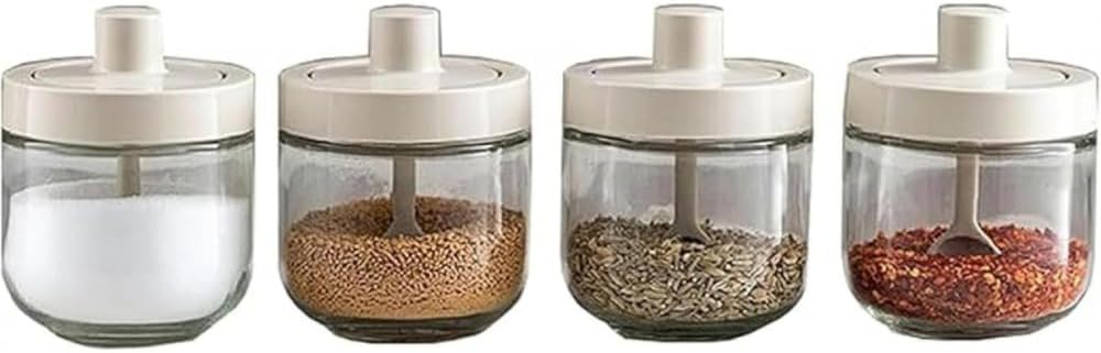 スパイスジョッキ ガラススプーン付き 密封調味料保存容器｜スパイスボトル・シュガーシェーカー兼用｜キッチン用品 調味料ボトル 香り保持・湿気防止｜ガラス 残量確認容易 家庭・料理店用 (4個)
