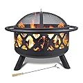 Fire Pits 30'' Outdoor Wood Burning Firepit Bowl with Spark Screen Cover Log Grate Fire Poker Steel Round Fireplace for Outside Camping Bonfire Beach Patio Backyard,Black1