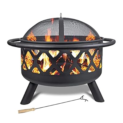 Fire Pits 30'' Outdoor Wood Burning Firepit Bowl with Spark Screen Cover Log Grate Fire Poker Steel Round Fireplace for Outside Camping Bonfire Beach Patio Backyard,Black1