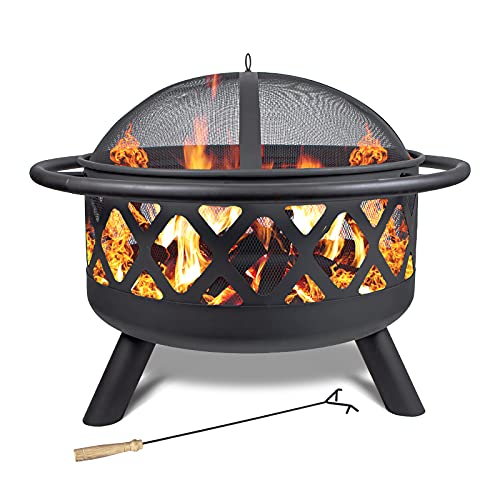 Fire Pits 30'' Outdoor Wood Burning Firepit Bowl with Spark Screen Cover Log Grate Fire Poker Steel Round Fireplace for Outside Camping Bonfire Beach Patio Backyard,Black1