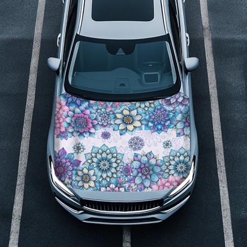 Image of Boho Mandala Flower Print Car Hood Cover, All-Season Car Bonnet Banner Universal Fit Truck Sedan Elastic Polyester Stretchable Automotive Hood Covers, Woman Man Gifts