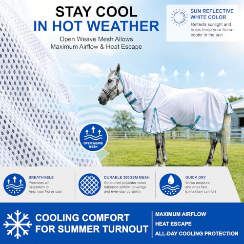 Image of Horse Fly Sheet with Detachable Neck, Maximum Airflow Breathable Open Weave Mesh for Hot Weather, Anti-Rub Comfort, 65% UV Protection, Cool Summer Sheet for Pasture & Barn White 78