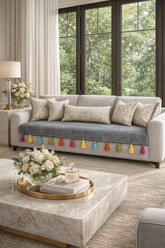 Throw Pillow Grey with Multicolor Tassels Sofa CoverRegular Shape Sofa Cover (3+2+1+1 Seater) OS