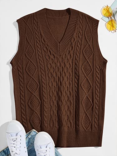 Romwe Men's Cable Knit V Neck Relax Fit Sleeveless Knitwear Pullover Sweater Vest Brown Xl #TOP4