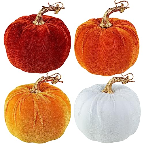 Winlyn 4 Pcs Assorted Faux Harvest Velvet Pumpkins Decorative Fab...