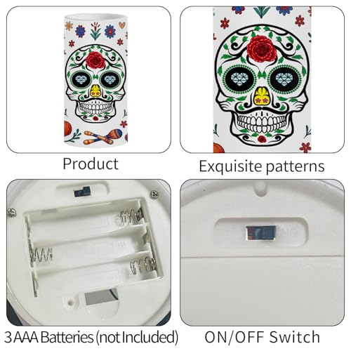 Image of Dia De Los Muertos Flameless Candles with Timer Remote 3 Pack Halloween Flameless LED Candle Battery Operated Sugar Skull Day of The Dead Decoration