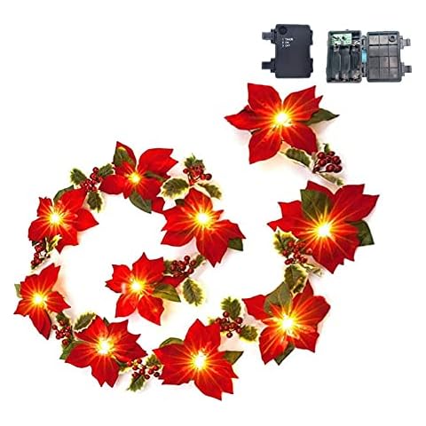 SMLJFO Lighted Christmas Poinsettia Garland String Light 2M 10LED Artificial Velvet Poinsettia with Red Berry Xmas String Lights Battery Operated Fairy Lights Deco Cover