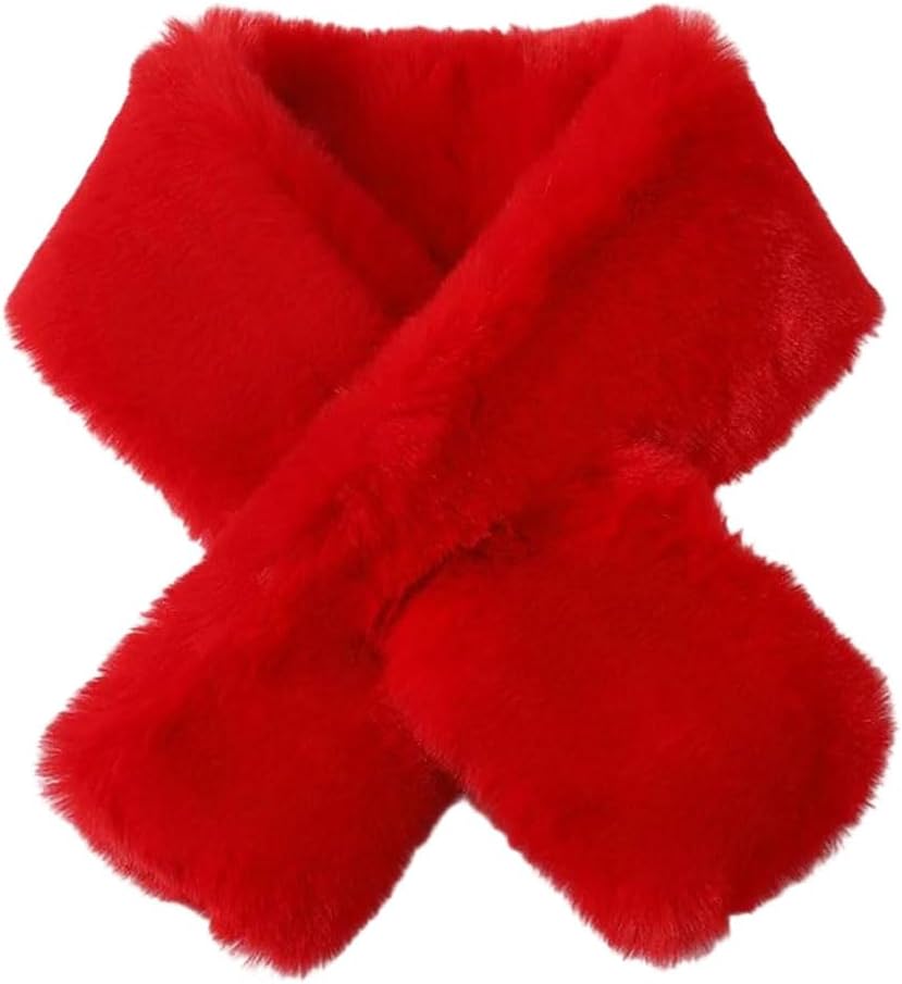 Women's Rabbit Fur Small Perforated Warm Neck Wrap Soft Fuzzy Animal Hair Cold Weather Accessory Scarves Red