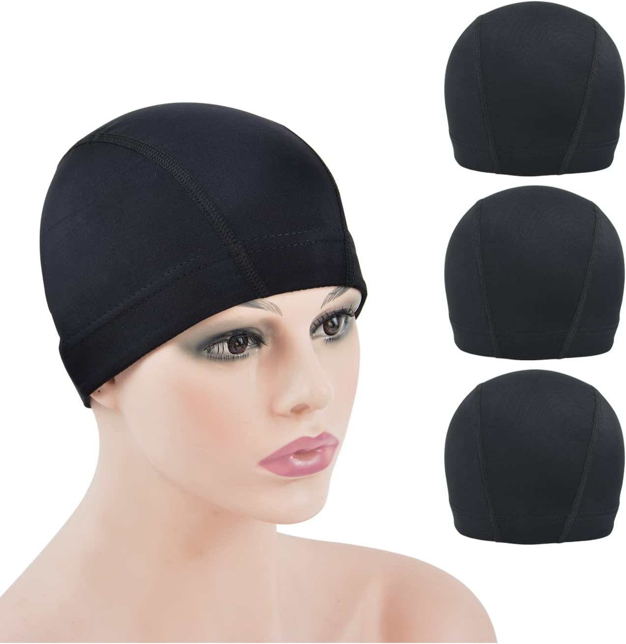 3 Pcs Dome Cap Wig Caps for Making Wig Stretchy Wigs Cap with Wide Elastic Band (Black Dome Cap M)
