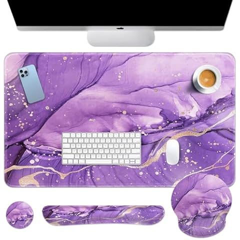 Britown Desk Mat, Purple Gold Marble Mouse Pad Set with Wrist Support, Lavender 4-in-1 Large Mousepad+Keyboard Wrist Rest+Mouse Wrist Rest+Coaster with Ergonomic Design, Non-Slip Mat Cover