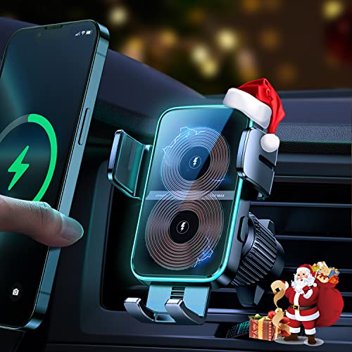 Wireless Car Charger Phone Mount: Dual Coil Joyroom LED Qi 15W Cell Phone Fast Charging Vent Holder with Auto Smart Sensor Clamping for iPhone 14 13 12 11 Pro Max, Samsung Galaxy S22 21 Note 20