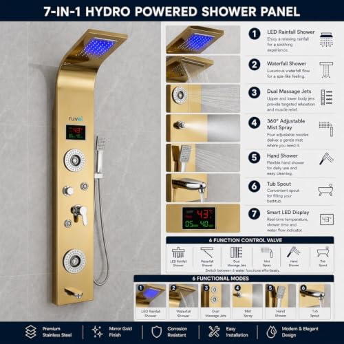 Image of RUVEL Shower Panel - Sayflow with 7-in-1 Hydro Powered LED Display, Rainfall Shower Head, Waterfall Shower, Dual Body Massage Jets, 360 Adjustable Mist Spray, Handheld Shower, Tub Spout (Gold)