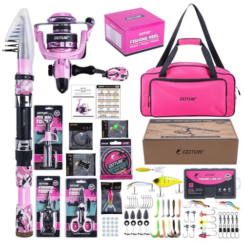 Goture Pink Fishing Rod and Reel Combos,ML Action 9FT Telescopic Fishing Pole Spinning Reel Line Lures Set with Carrier Bag,Telescopic Rod Kit for Starter Travel Saltwater Freshwater Gear Gift