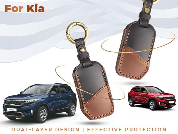 Image of Keyzone Dual Leather Key Cover fit for Kia Carens Clavis, Seltos, Sonet 2023 Facelift carens 4 Button Smart Key (Black-Brown)