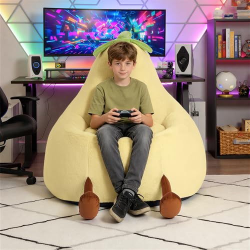Image of 31 Inches Memory Foam Bean Bag Chair - Ultra Soft Faux Rabbit Fur Sofa with Handle & Machine Washable Cover, Comfy Lazy Chair for Kids Teens, Perfect for Reading Gaming in Living Room Bedroom,Yellow