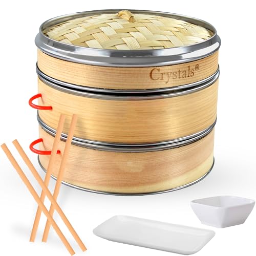 Crystals Bamboo Steamer Basket with Lid - 2 Tier Dumpling Steamer Basket for Cooking - Includes 2 Pair Wooden Chopsticks Reusable 1 Ceramic Plate 1 Ceramic Dipping Bowl