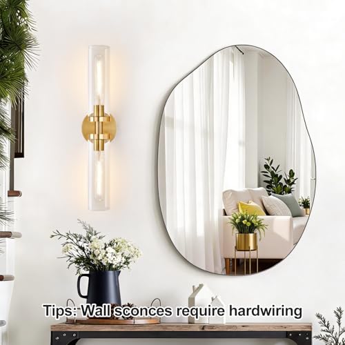 Image of Indoi Brushed Gold Wall Sconces, Hardwired Bathroom Sconces Wall Lighting with Clear Glass, Modern Sconces Wall Light fixtures for Bathroom Mirror Living Room Hallway Bedroom