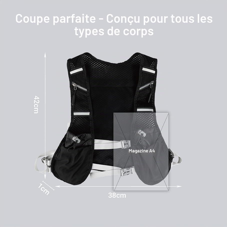 Gilet de course avec sac à dos - Respirant et réfléchissant avec 6 poches avant et 1 sur le dos - pour cyclisme, marathon, randonnée