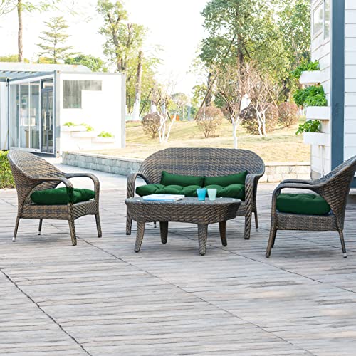 Image of QILLOWAY Outdoor Wicker Cushion Set of 5 - Waterproof Fade Resistant Patio Furniture Cushions, Loveseat 2 U-Shape 2 Lumbar Pillows for Porch, Bench, Backyard, Garden, Mallard,Forest Green