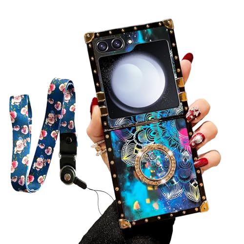 nancheng Case for Galaxy Z Flip 5 Phone Case Design Colorful Petal Stars Sky with Diamond Ring Holder + Strap Lanyard Shockproof Protection Cover for Samsung Galaxy Z Flip 5 (2023) - Flower