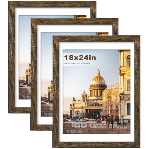 Picrit 18x24 Picture Frame 3 Pack, Brown Poster Frame, Display Poster 16 x 20 with Mat or 18 x 24 without Mat for Horizontal or Vertical Wall Mounting