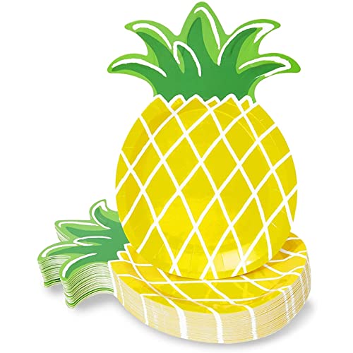 BLUE PANDA Yellow Pineapple Paper Plates for Party Supplies Hawaiian Themed Parties or Luaus 10 x 6 In 48 Pack