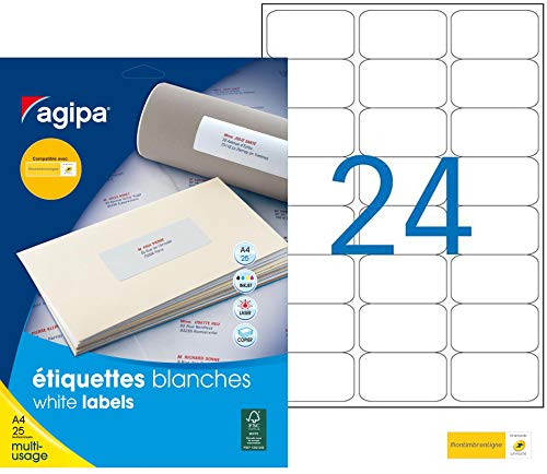 Apli Agipa - Pochette Étiquettes Adhésives Blanches Multi-Usages - Coins Arrondis - 63,5 x 33,9 mm - Certifié FSC - 600 Étiquettes Cover