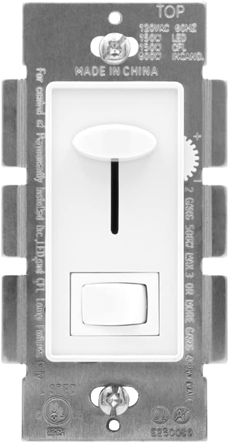 ഫ്രണ്ട് view of a single Maxxima dimmer switch with wall plate, showing the slide control and rocker switch