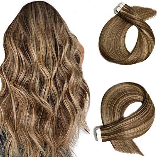 Clip in Hair Extensions Balayage Human Hair Extensions for Women Highlights Ombre Clip on Extensions Real Remy Hair Brazilian Straight Thick Hair Extensions Full Head Double Wefts 70g