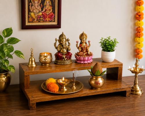 Image of Kamdhenu Wooden Pata Chowki for Pooja |2 Step Pata Chowki Decorative bajot for Sitting Pooja Temple Stool for Mandir| Wooden Bajot Chowki for Temple, Home & Decorative Use (15 x 8 x 3.5 Inch)