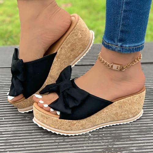 Platform Slip On Sandals for Women, Leopard Bow Decoration Walking Slippers, Casual Wedge Sandals, Dressy Vacation Sandal, Comfortable Open Toe Slippers Breathable Summer Shoes Barefoot Footwear3