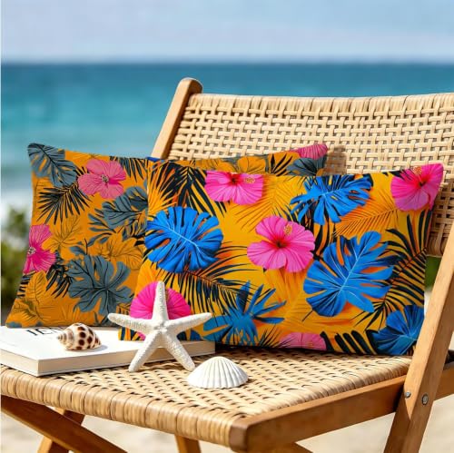 Coussin tropical jaune imperméable en lin texturé avec impression double face