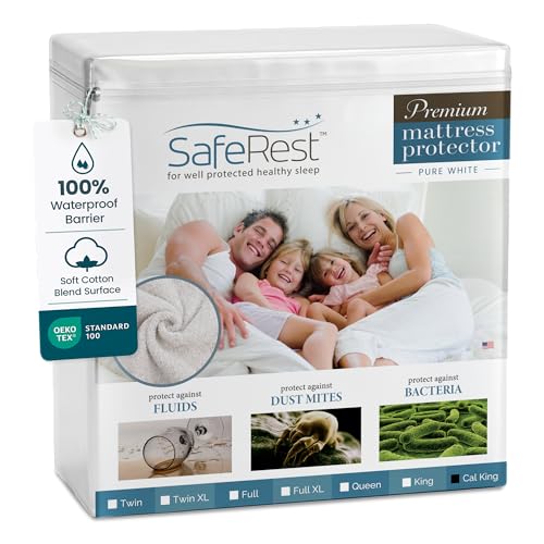 SafeRest Waterproof California King Size Mattress Protector - Fitted with Stretchable Pockets - Machine Washable Cotton Blend Mattress Cover for Bed